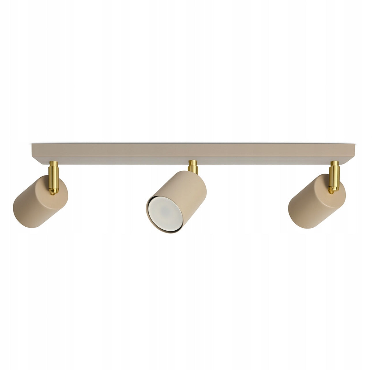 Tretakspot med tre justerbare spotlys i matt beige og detaljer i messing