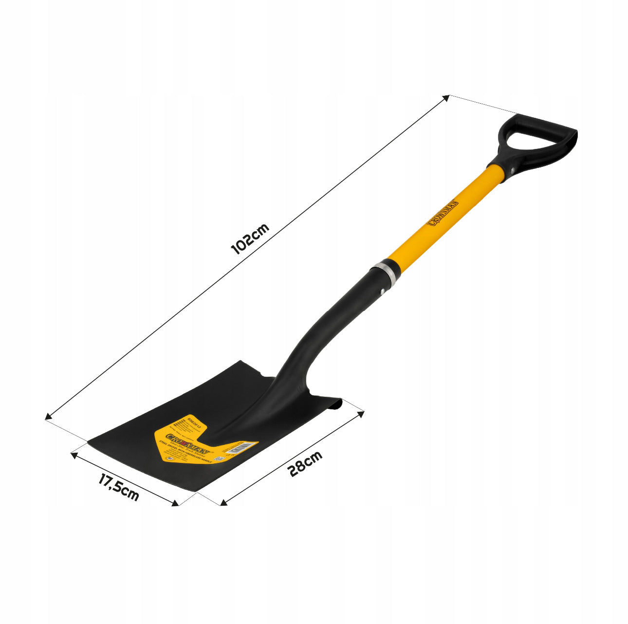 Kraftig stålspade 105 cm – svart, ergonomisk D-håndtak, spiss blad for enkel graving i hard jord. Perfekt for hage, anlegg og jordarbeid.