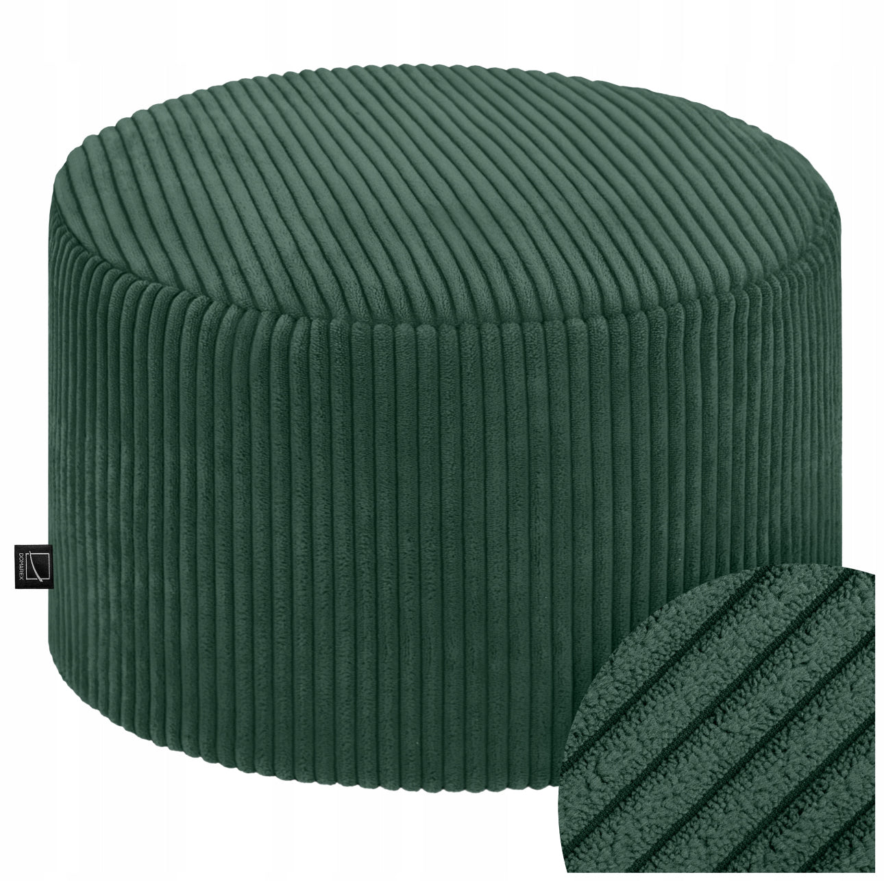 Rund grønn puff i myk tekstil med vertikale sømmer og minimalistisk stil