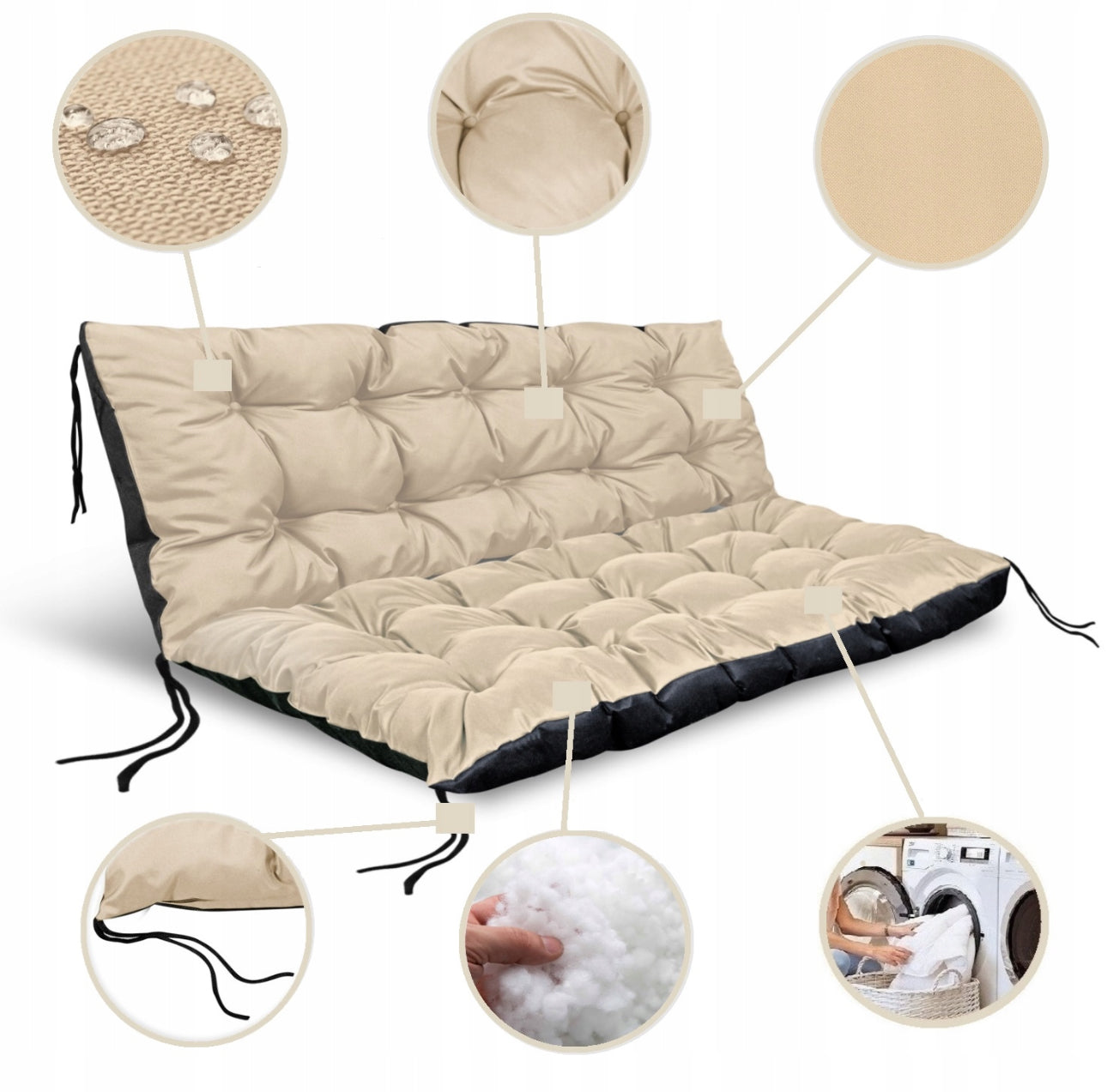 Vanntett hageputesett 120x80cm og 120x40cm i slitesterkt Codura-materiale med silikonfyll – tilgjengelig i beige, grønn, svart, grå, lys grå og brun – perfekt for pallebenk, huske eller utesofa.