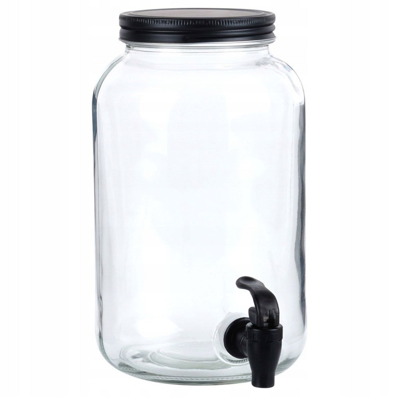 Tom glassdispenser med sort lokk og svart tappekran på hvit bakgrunn