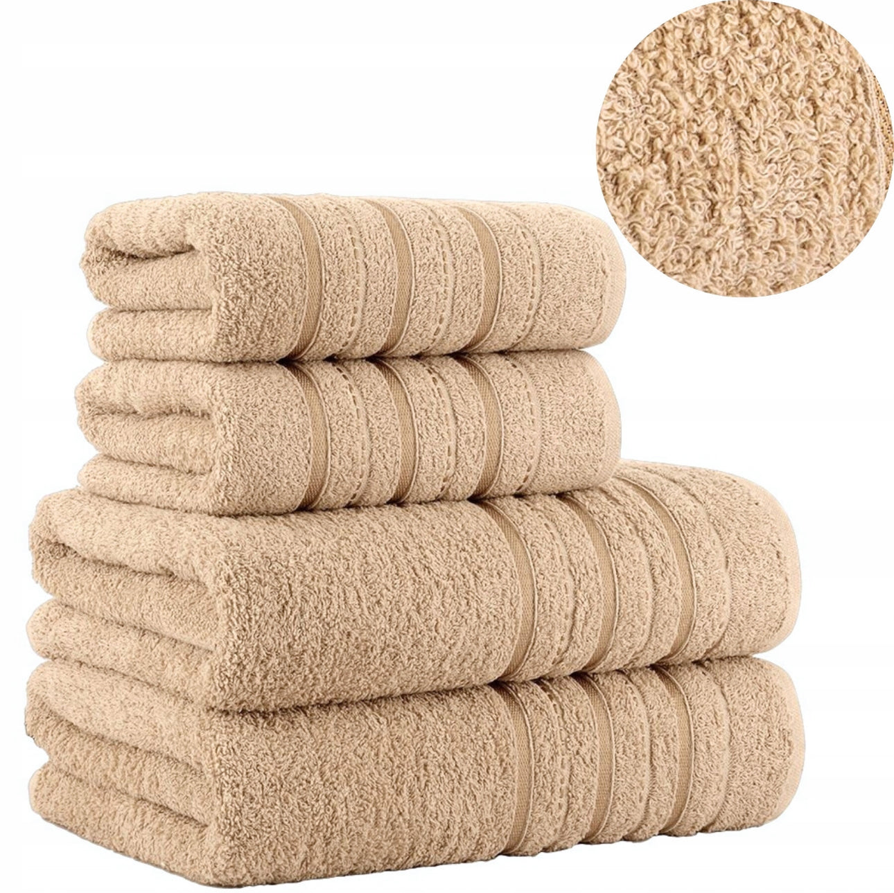 Sett med luksuriøse bomullshåndklær i grå, beige og kremfarger – perfekt for badet. Myke og slitesterke håndklær i 100 % bomull med høy absorberingsevne og elegant design. Tilgjengelig i ulike størrelser for optimal komfort og funksjonalitet. Settet inkluderer 2stk 50x90cm og 2stk 70x140cm.