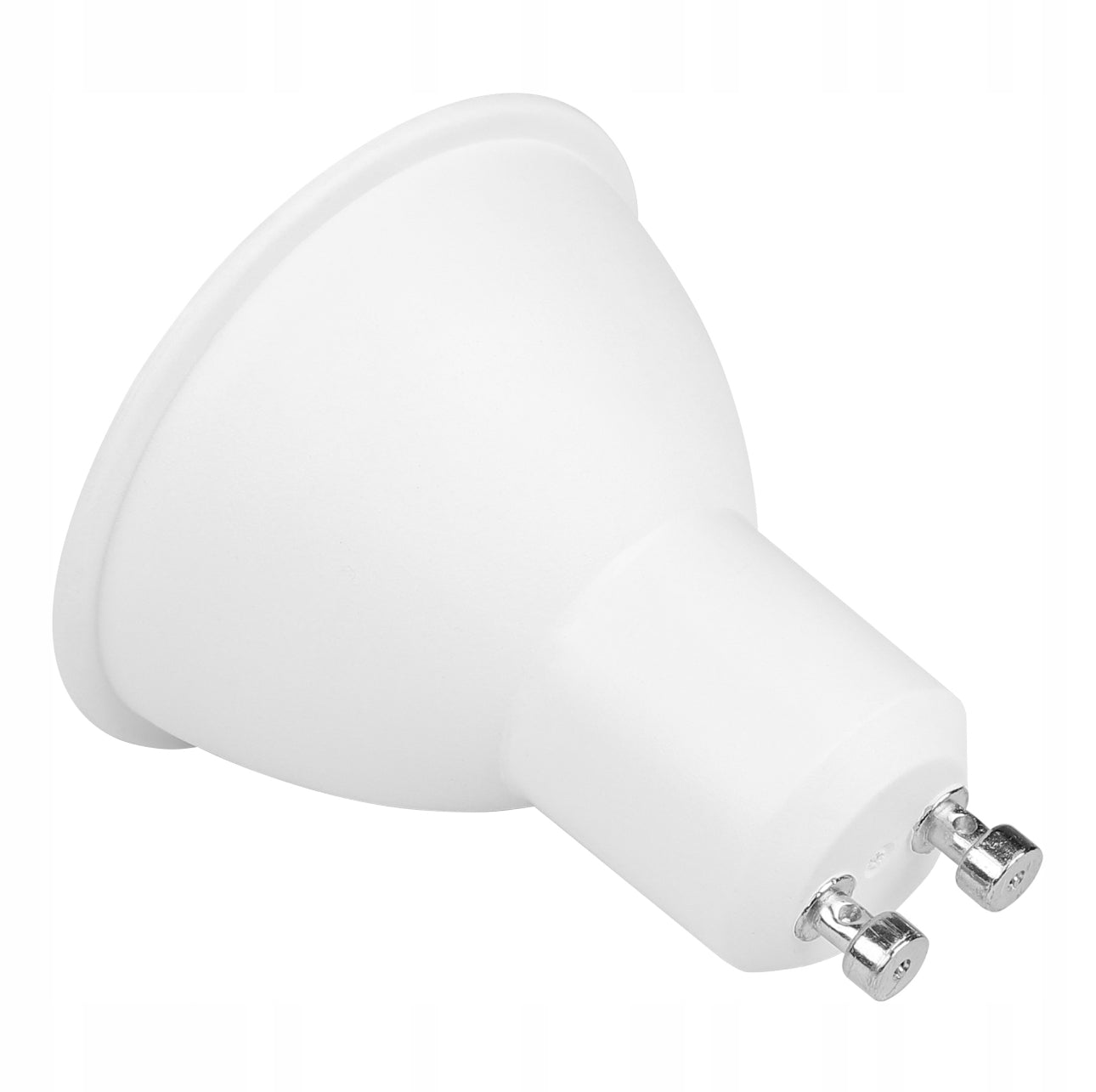 GU10 LED-lyspære liggende med fokus på sokkel og metallpinner
