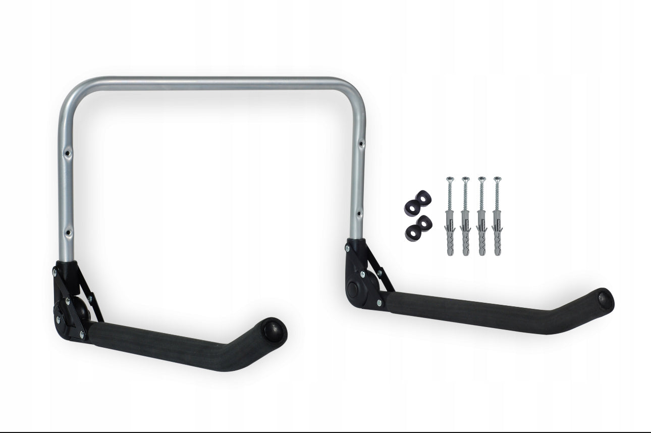 Foldbar veggholder for sykkel, 50x34x7 cm, sølv og svart stål med skumbeskyttelse, robust og kompakt design for oppbevaring av sykkel og utstyr.