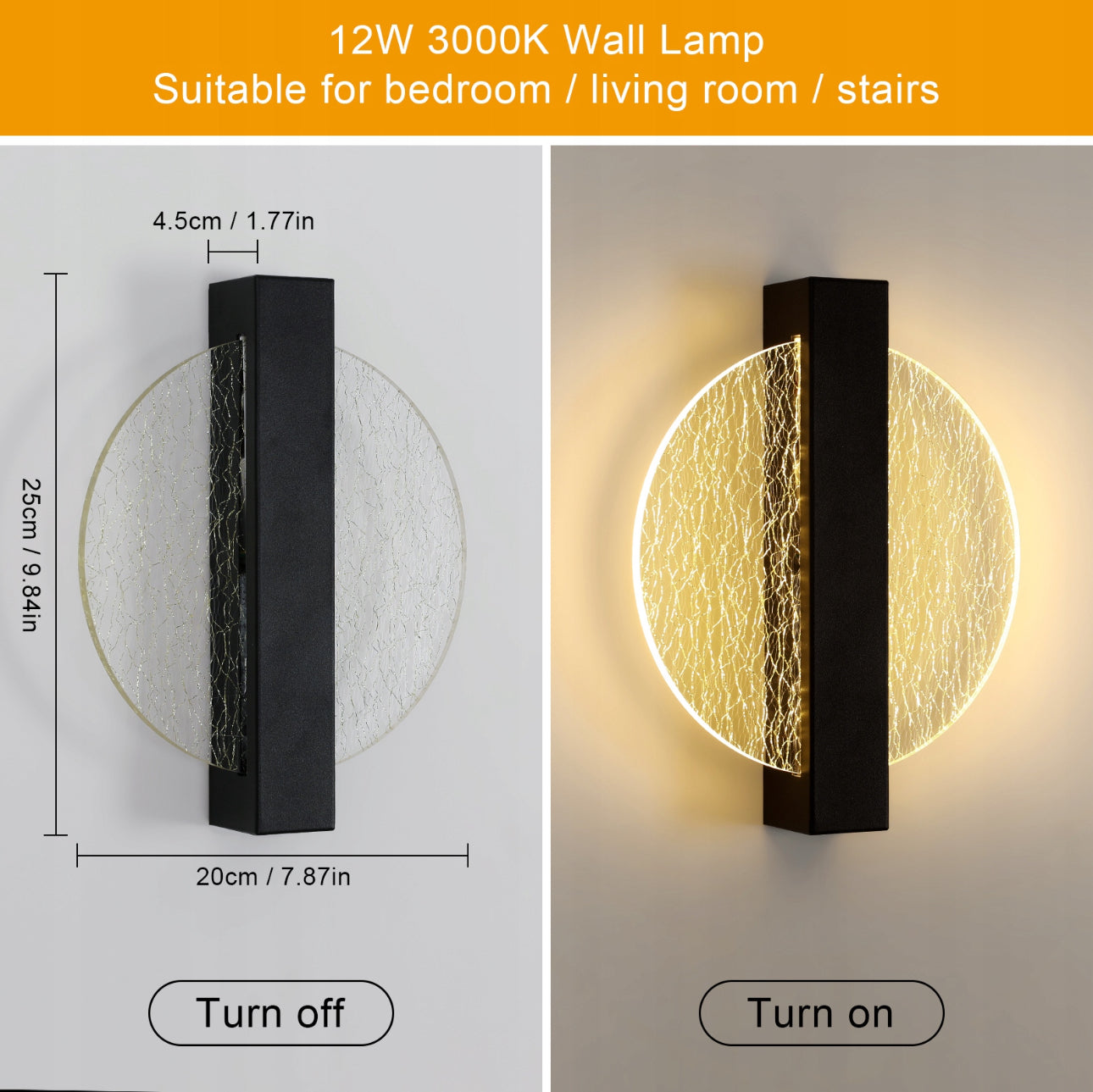 Moderne LED-vegglampe, 12W, svart metall og akrylmateriale, dimensjoner 25x20x4,5 cm, varm hvit belysning (3000K), stilren design for stue og soverom.