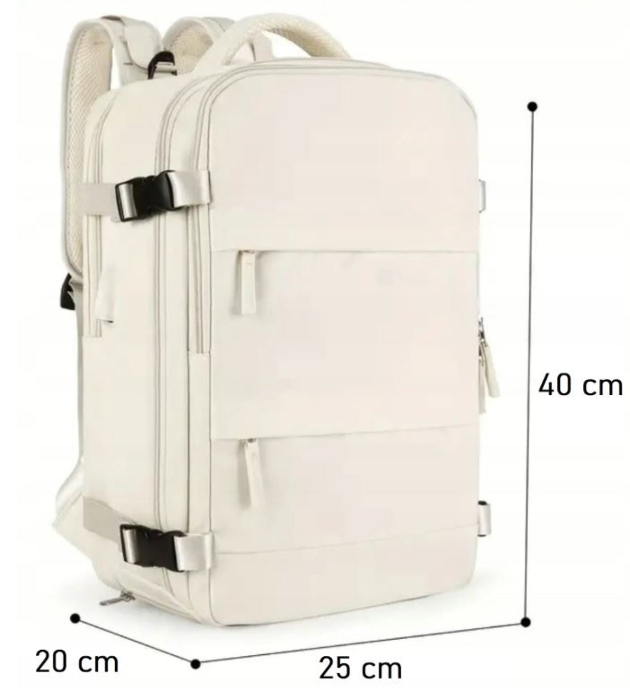 kabinklar reisesekk 40x25x20 cm med flere lommer og USB-port, plassert på hvit bakgrunn