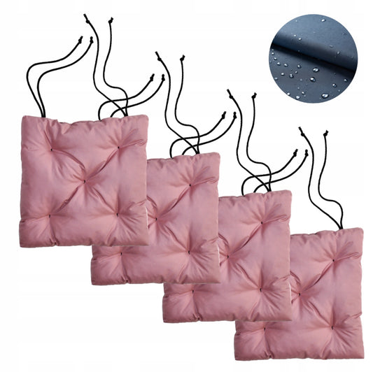 4-pack rosa vanntette hageputer 40x40 cm i slitesterkt codura-materiale med knytebånd og silikonfyll – perfekte til utendørs bruk på stol eller krakk.