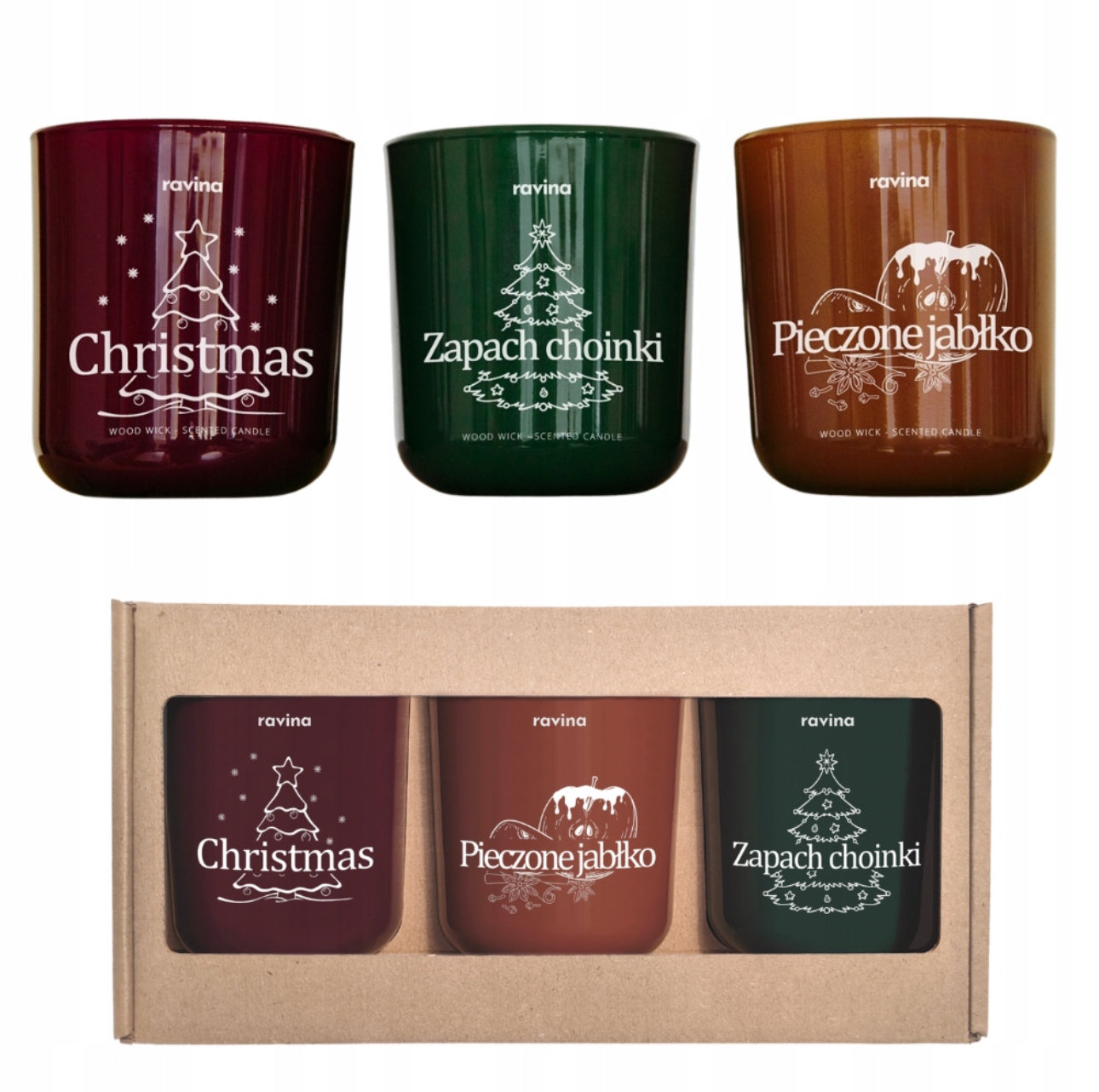 Tre duftlys i rødt, grønt og brunt glass i gaveeske med julemotiv