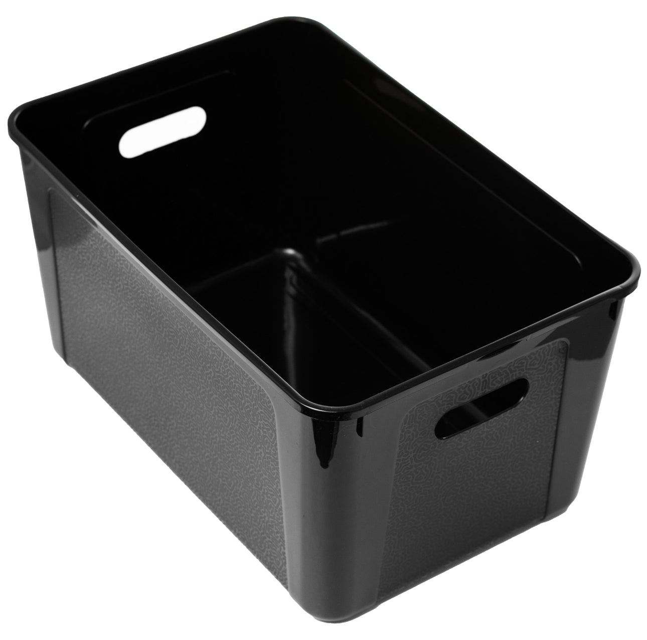 Sort oppbevaringsboks i plast med lokk, 20 liter kapasitet, mål: 39 x 26 x 20,5 cm – slitesterk og praktisk til lagring av leker, klær eller husholdningsartikler.