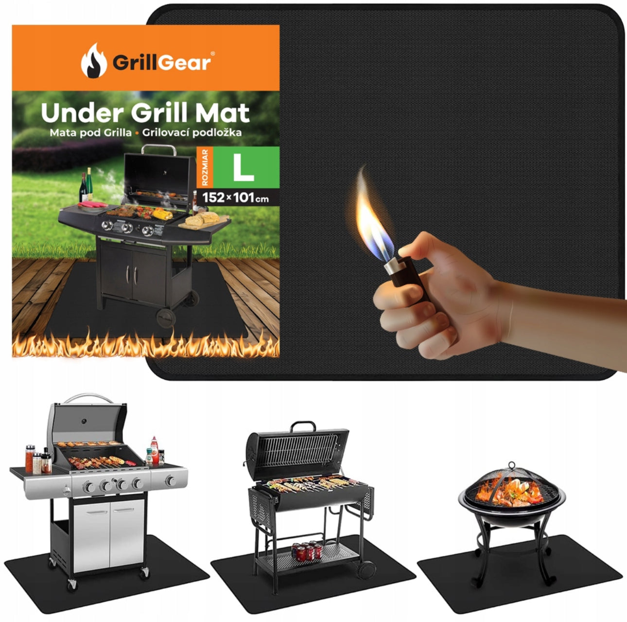 Sort varmebestandig grillmatte i glassfiber og silikon under gassgrill på treterrasse