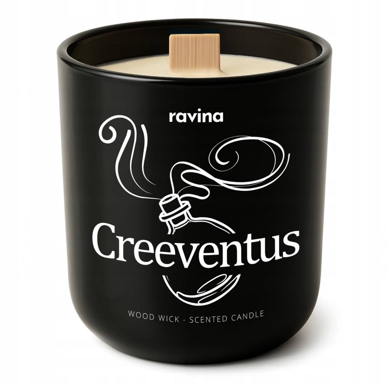 Elegant svart duftlys med treveke i matt glassbeholder med hvit trykkdekor