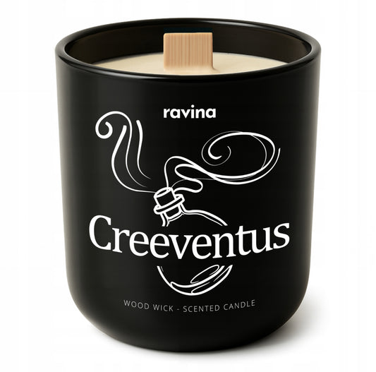 Elegant svart duftlys med treveke i matt glassbeholder med hvit trykkdekor