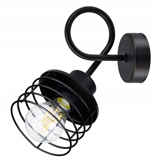Industriell vegglampe i sort metall – 20 cm høy, med 12 cm bred trådkurvskjerm og E27 sokkel – moderne loft-stil belysning