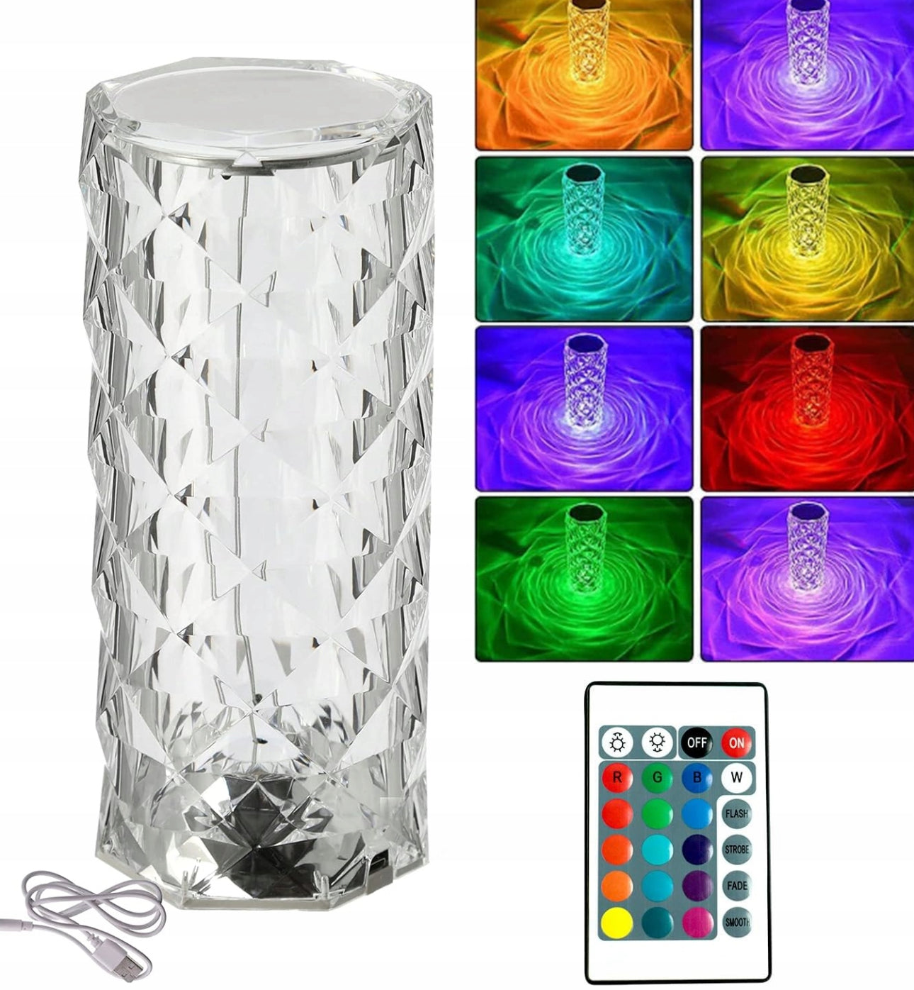 Transparent krystallformet LED lampe med fjernkontroll og USB-kabel