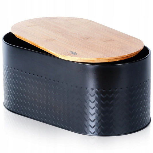 Sort metallisk brødboks med bambuslokk i minimalistisk design på hvit bakgrunn