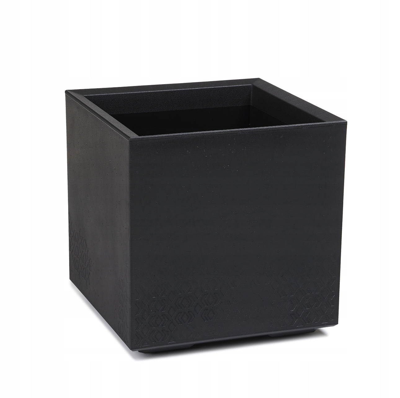 Stor sort plantekasse 40x40x40 cm i resirkulert plast med betonglook. Frostsikker og værbestandig, perfekt for balkong, terrasse og hage. Integrert dreneringssystem og hjul for enkel flytting. Moderne og minimalistisk design.