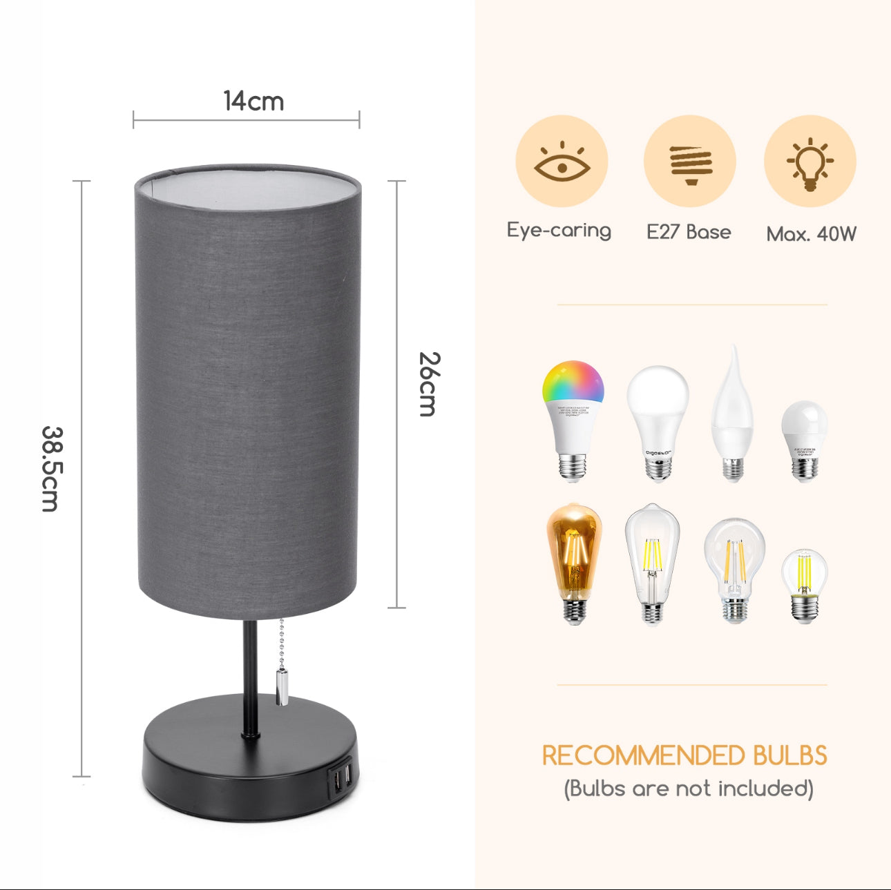 Moderne bordlampe i sort med grå tekstilskjerm, 38,5 cm høy, metallbase og to USB-porter for lading – perfekt som nattbordslampe eller skrivebordslampe.
