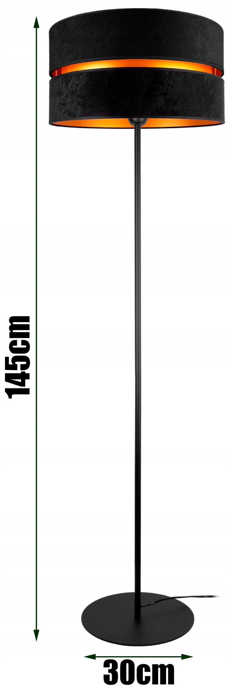 Moderne gulvlampe i sort velur med gyllen innside, 150 cm høy og 40 cm bred skjerm i tekstil på PVC-materiale, elegant metallbase i sort. Perfekt til stue eller soverom.