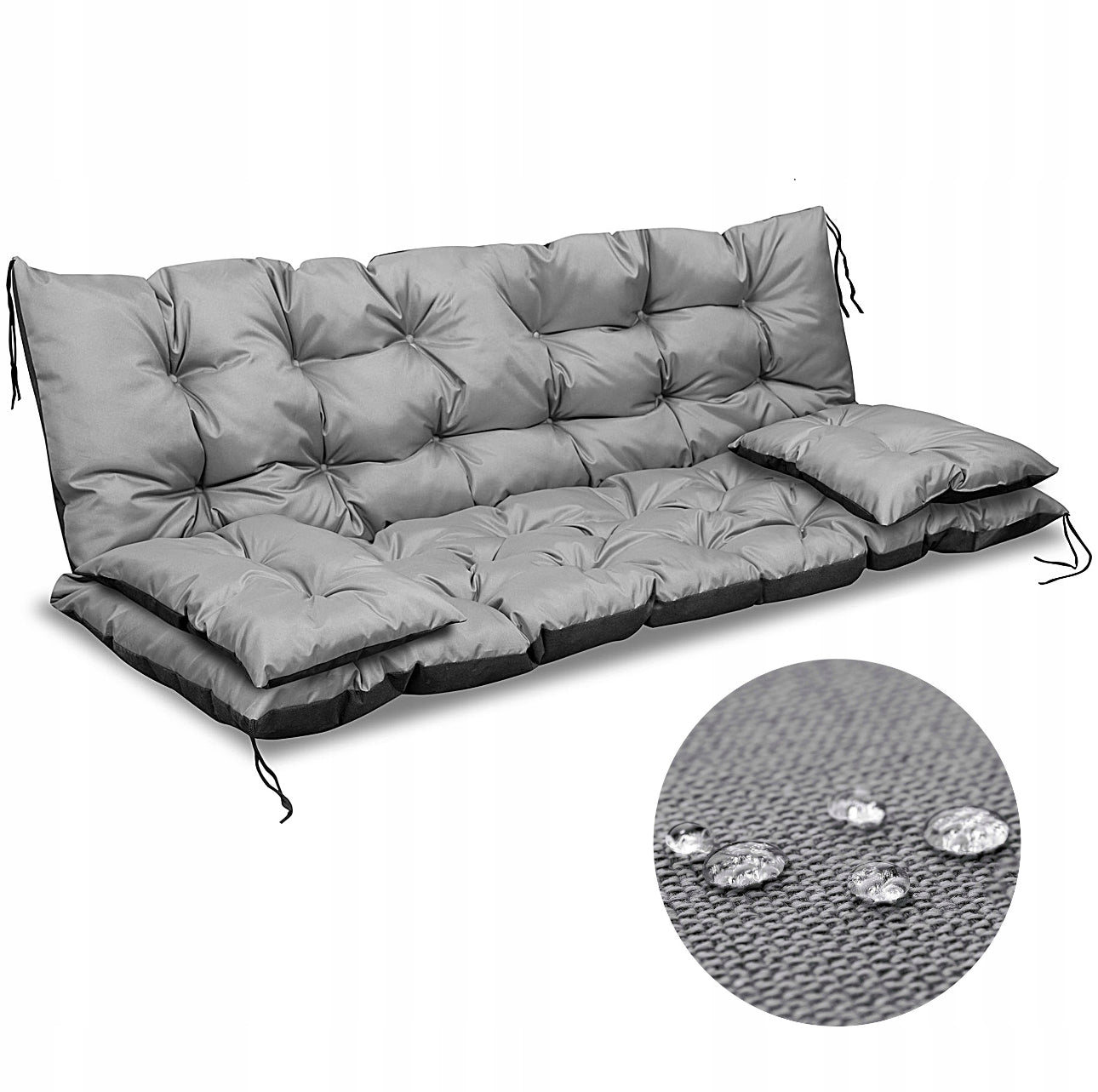 Vanntett hagepute med rygg og sete 120x60x50 cm i slitesterk grå codura med silikonfiberfyll – perfekt til benk, huske eller pallemøbler utendørs.