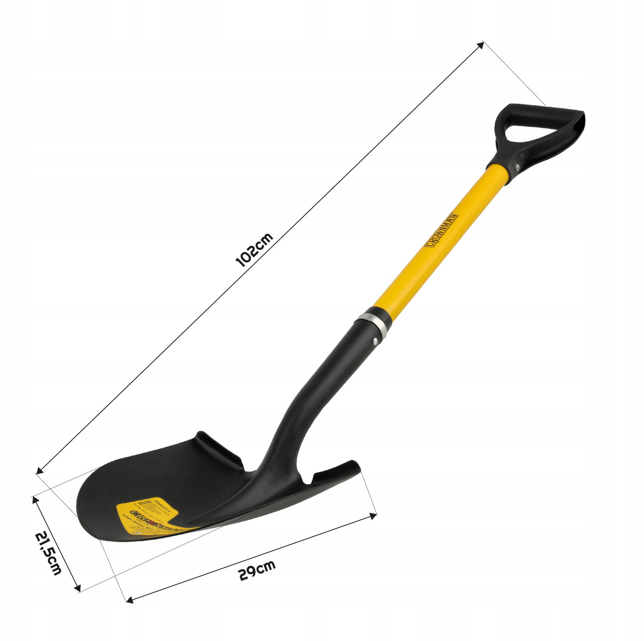 Spiss gravespade, 105 cm, svart blad i slitesterkt stål med gult ergonomisk håndtak. Perfekt for hagearbeid, graving i hard jord og anleggsarbeid. Solid konstruksjon for langvarig bruk.