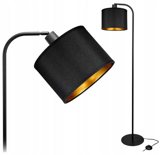 Moderne gulvlampe 145 cm i matt sort metall med svart og gull tekstilskjerm, diameter 20 cm – stilren stålampe med bevegelig skjerm og E27-sokkel