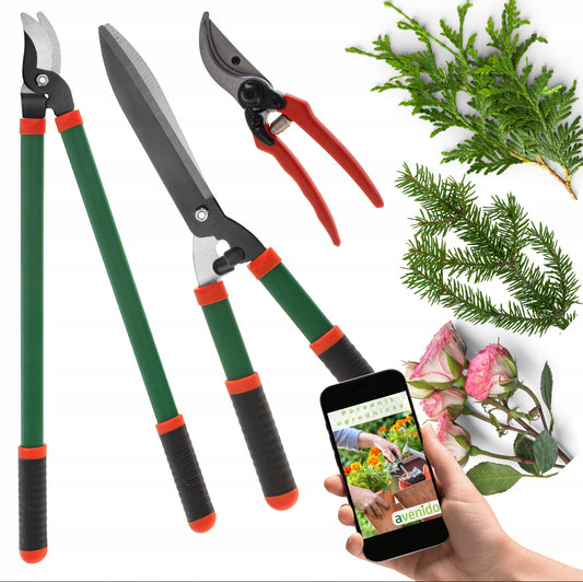 Grønt og oransje hageverktøysett med tre sakser for hekk, grener og blomster mot hvit bakgrunn