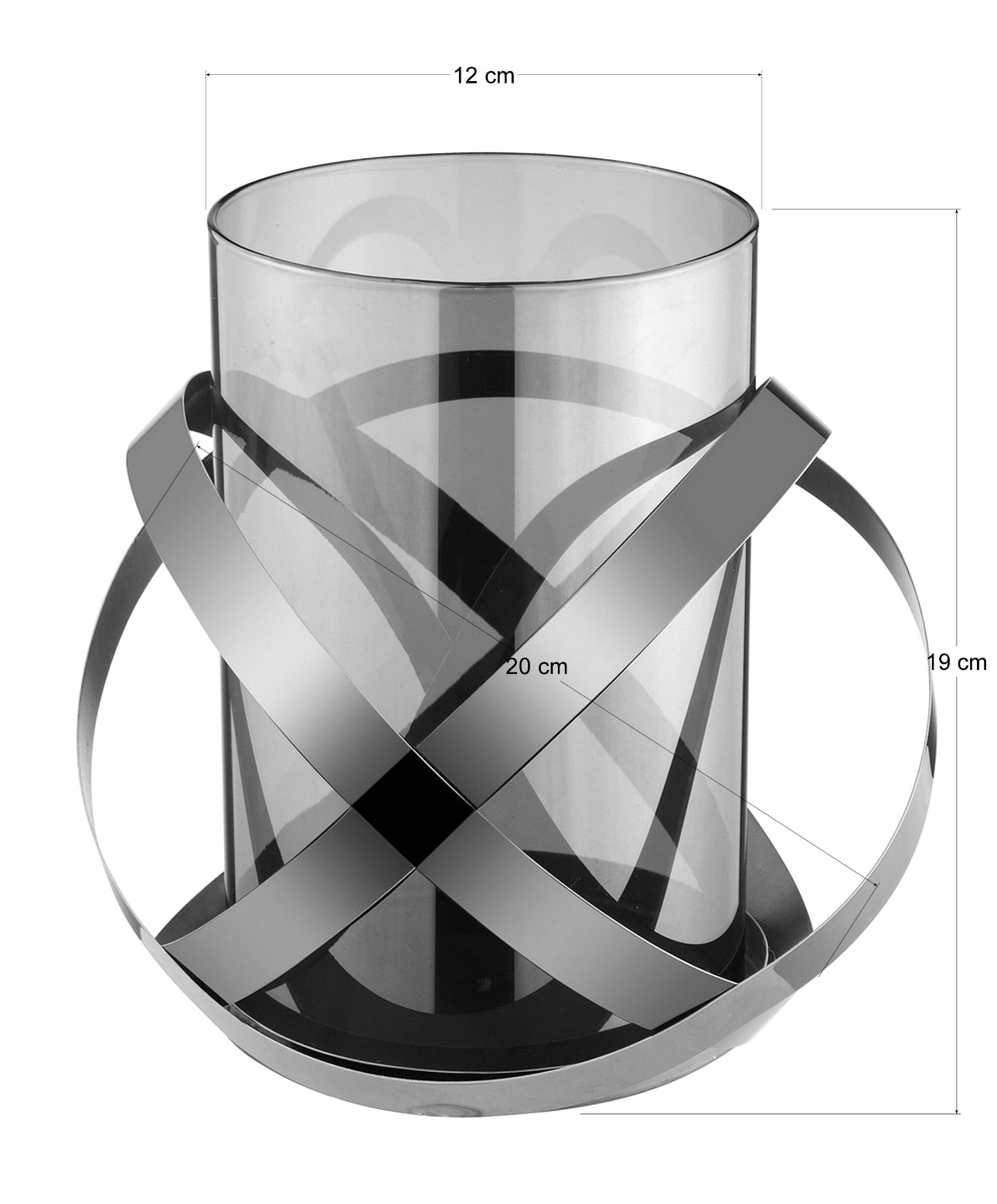 Glasslykt med stålbånd, målt til 12 cm bred og 19 cm høy, stilren og moderne form