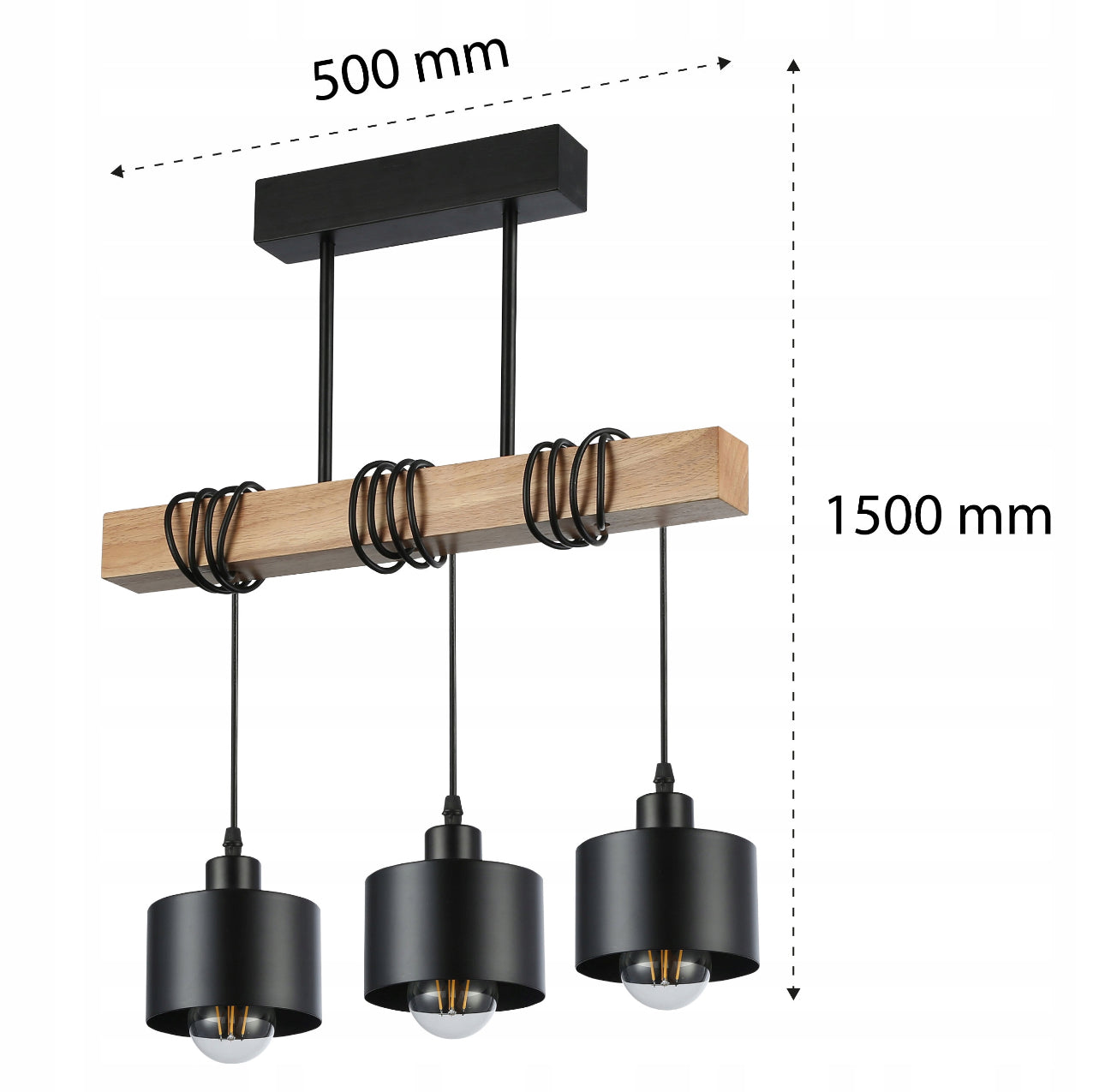 Taklampe i tre og svart metall med tre hengende skjermer, 150 cm høy