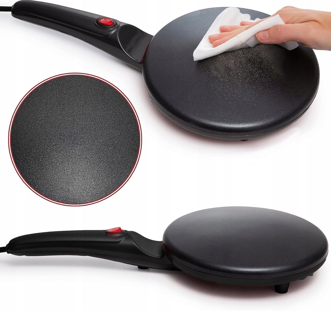Hånd tørker av sort pannekakejern med glatt non-stick belegg
