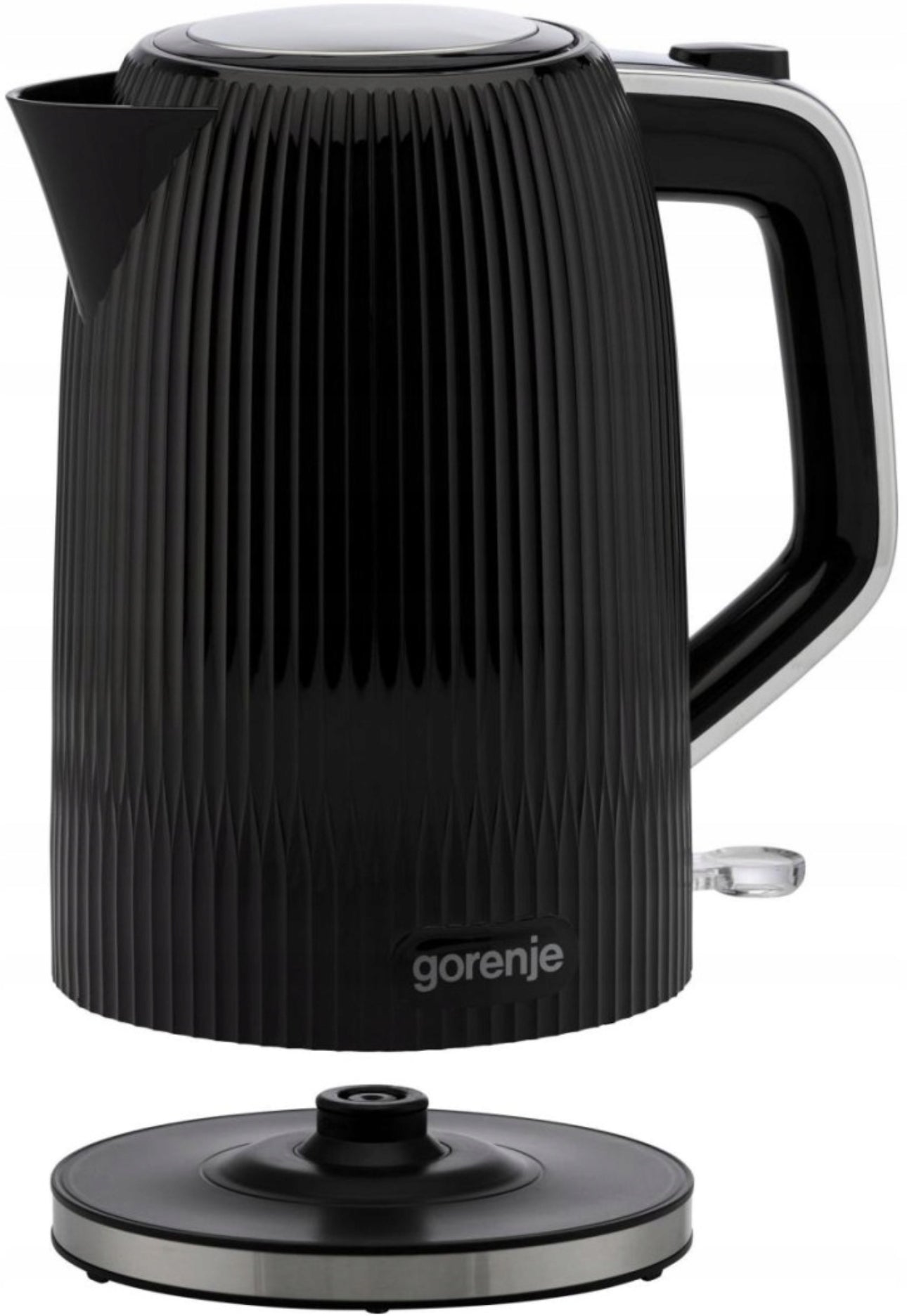 Gorenje elektrisk vannkoker, 1,7 liter kapasitet, svart design med rustfritt stål-element, 2200W effekt og roterbar base for enkel bruk.