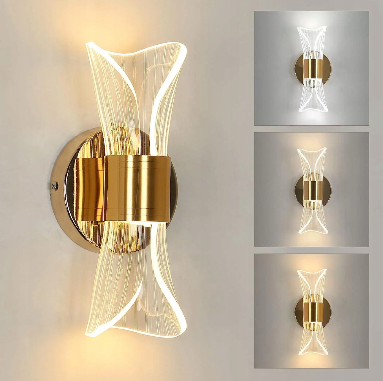 Moderne vegglampe i gull og akryl, 22 cm høy med 7,5 cm bredde, LED-lys med 12W effekt, justerbar fargetemperatur (3500K–6500K), stilrent design i metall og akryl for soverom og stue.