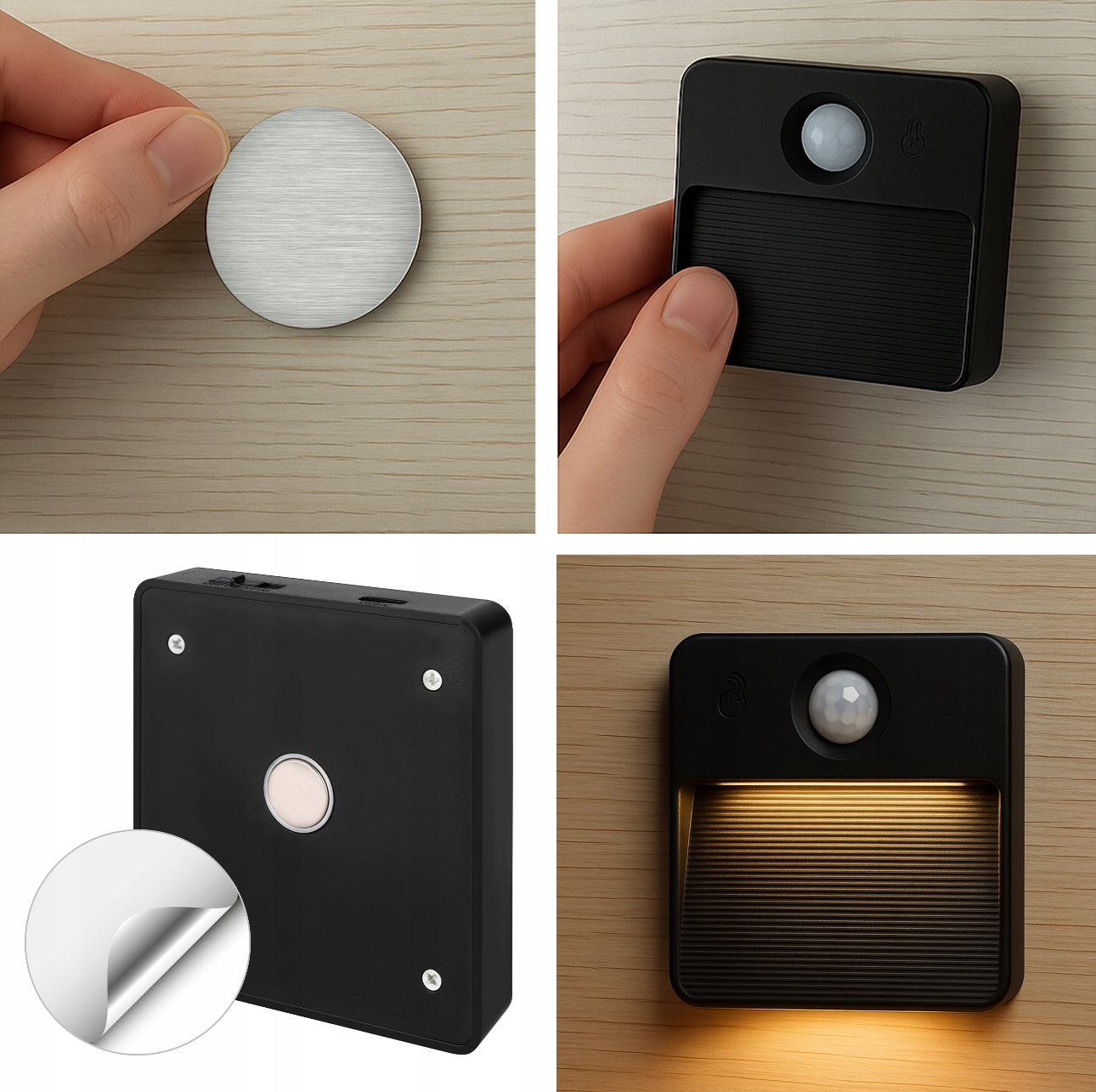 Selvklebende LED nattlampe montert på lys trepanel