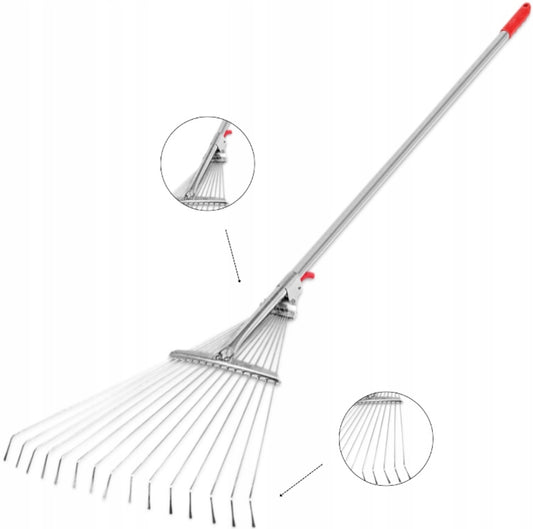 Regulerbar metallrake for hagearbeid, justerbar bredde 20-55 cm, total lengde opptil 150 cm. Laget av galvanisert stål med slitesterkt metalltråd og ergonomisk grep med rød detalj. Perfekt for å samle løv, gress og hageavfall.
