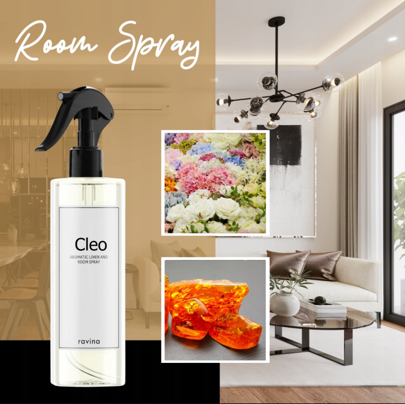 Cleo aromatisk lin- og romspray fra Ravina i en elegant designet flaske med blomster- og amberduft. Perfekt for å friske opp hjemmet, inkludert soverom, stue og bad, med langvarig og luksuriøs aroma. Ideell for gardiner, tekstiler og luftfornyelse.