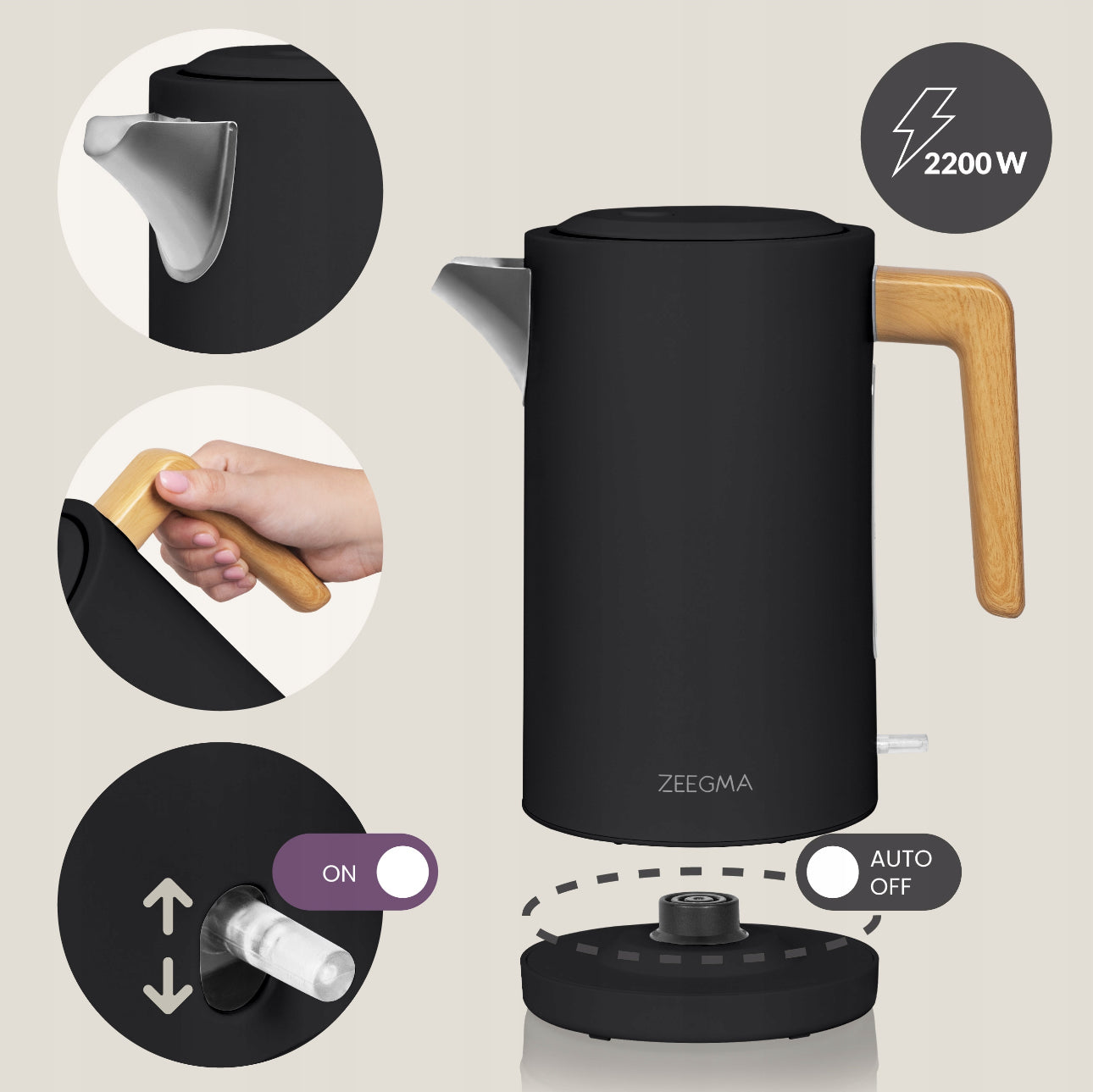 Elektrisk vannkoker 1,7L i mattsvart design med trehåndtak, laget av BPA-fri plast og rustfritt stål, 2200W for rask oppvarming – moderne og stilren.