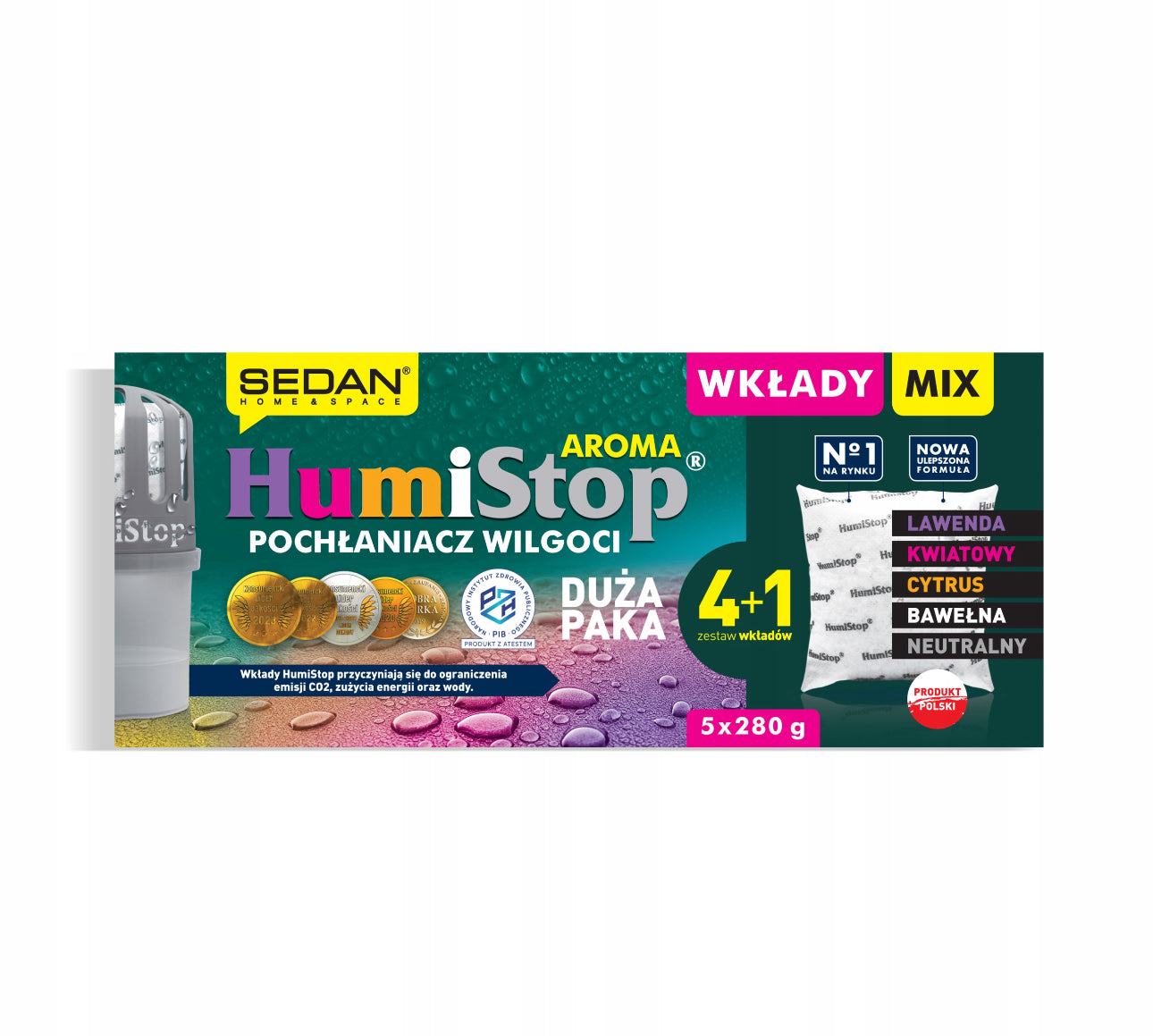 Fuktabsorberende HUMISTOP AROMA MIX innlegg – effektiv løsning for å redusere fuktighet i hjemmet. Settet inkluderer 5 duftvarianter: lavendel, blomster, bomull, sitrus og nøytral. Sertifisert av PZH for sikker bruk i alle rom.