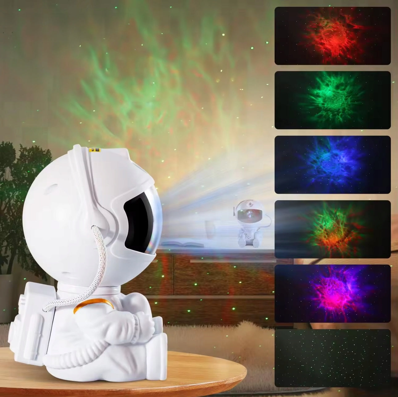 Astronautformet projektor som viser røde, grønne og blå nebulaeffekter i rommet.