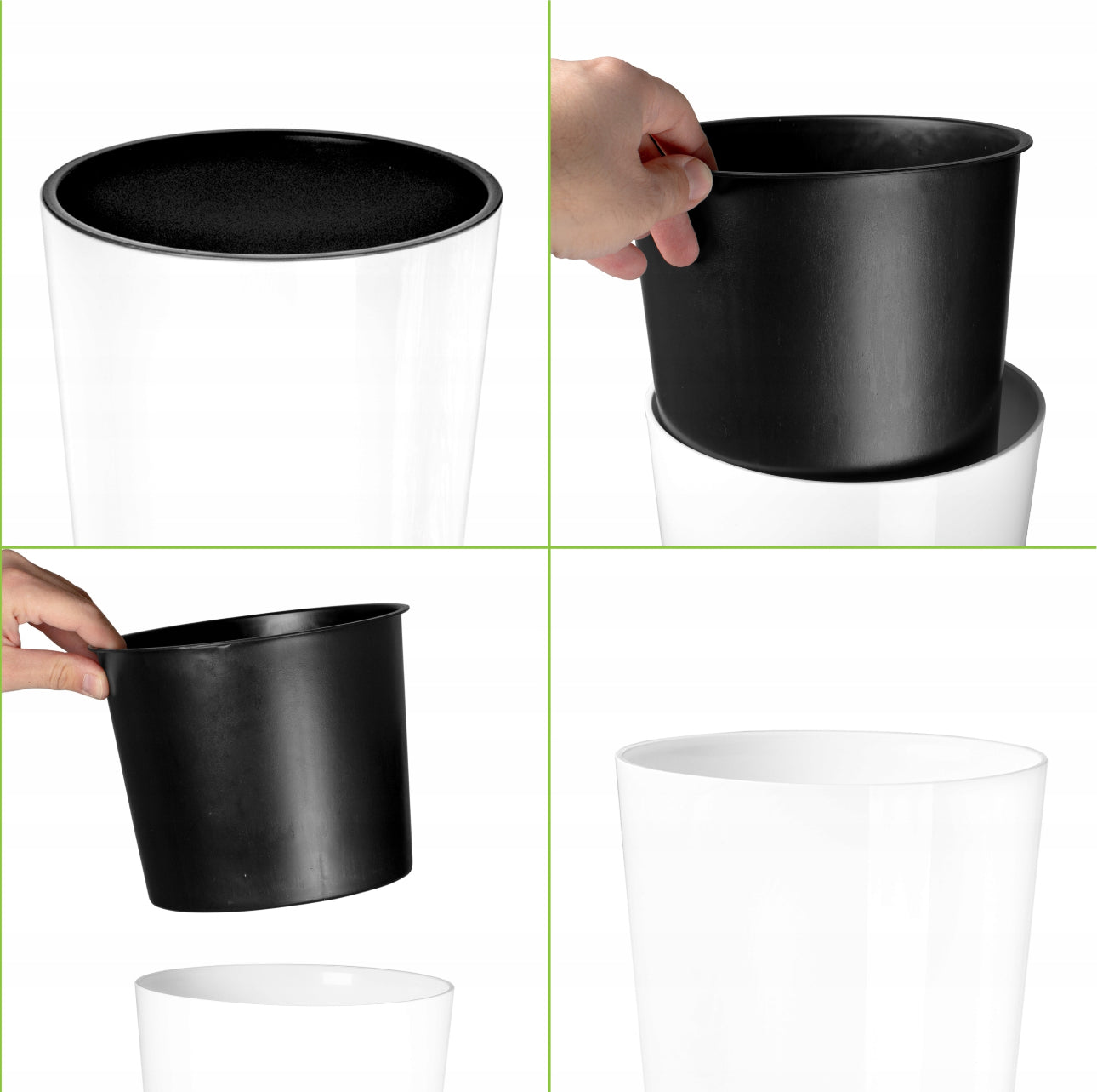 Sett med 3 hvite blomsterpotter i høyglans plast med svarte innerpotter – størrelser 3,3L (29cm), 8L (38cm) og 15L (48cm) – slitesterke og værbestandige for innendørs og utendørs bruk.