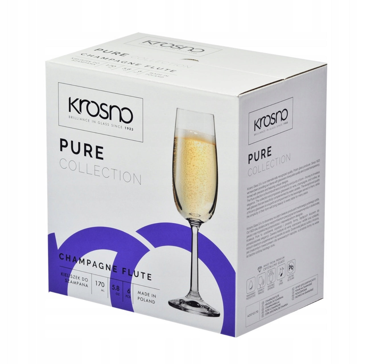 Eske med seks Krosno Pure champagneglass 170 ml vist i emballasje