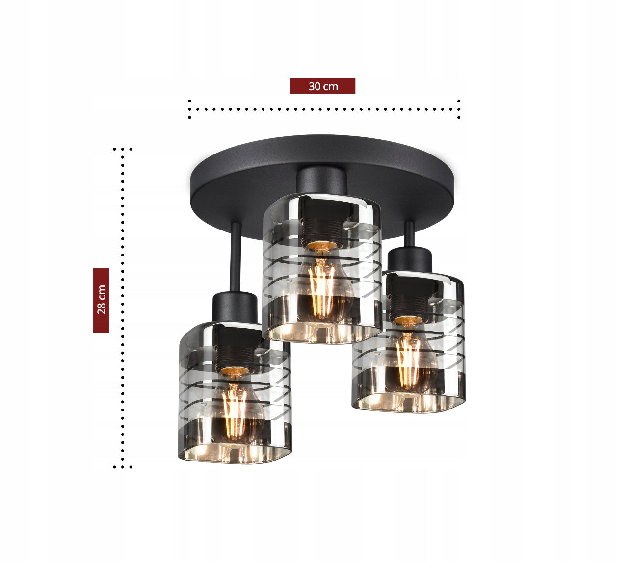 Rund taklampe i sort metall med tre glasskjerm, 30x28 cm