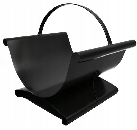 Svart metall vedkurv med buet håndtak i minimalistisk design
