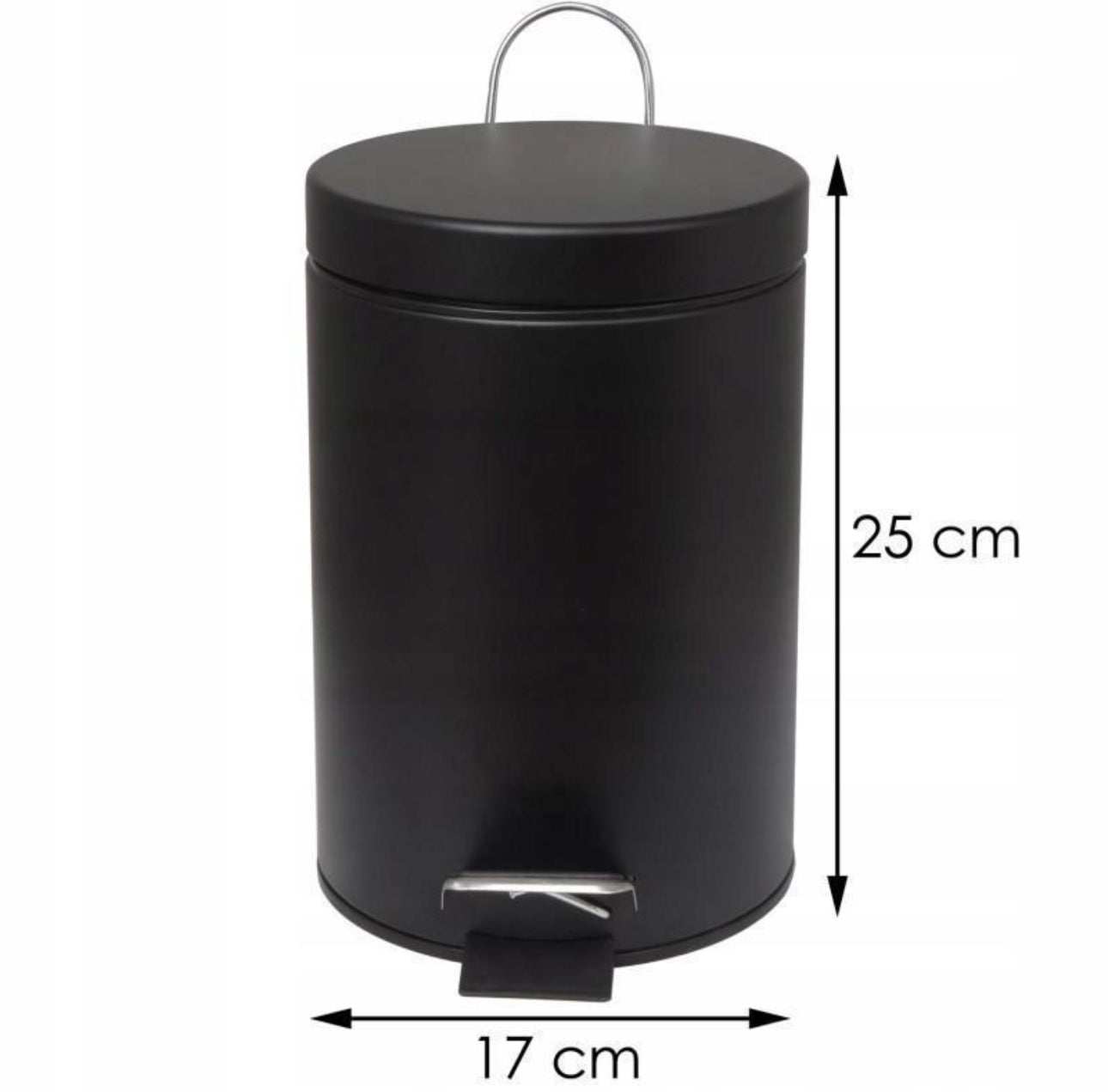 Matt sort avfallskurv, 3L kapasitet, laget av pulverlakkert stål og plast, med pedalåpning og avtakbar innerbøtte. Kompakt design, 25 cm høy og 17 cm i diameter, perfekt for bad og små rom.
