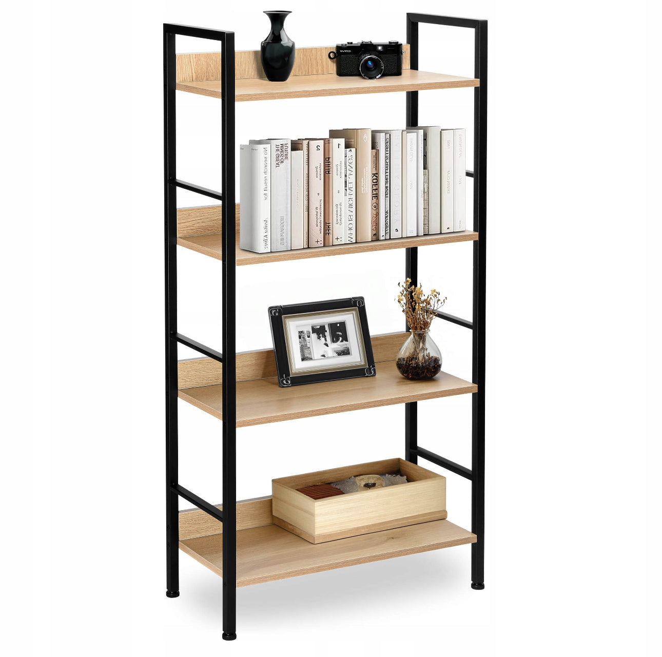 Bokhylle i industriell stil med 4 hyller – svart metallramme og moderne eikefargede hyller – 124x60x28 cm – laget av laminert trefiberplate og pulverlakkert stål
