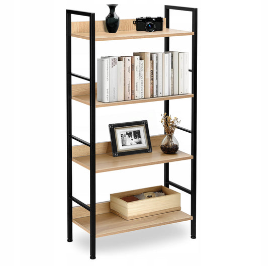 Bokhylle i industriell stil med 4 hyller – svart metallramme og moderne eikefargede hyller – 124x60x28 cm – laget av laminert trefiberplate og pulverlakkert stål