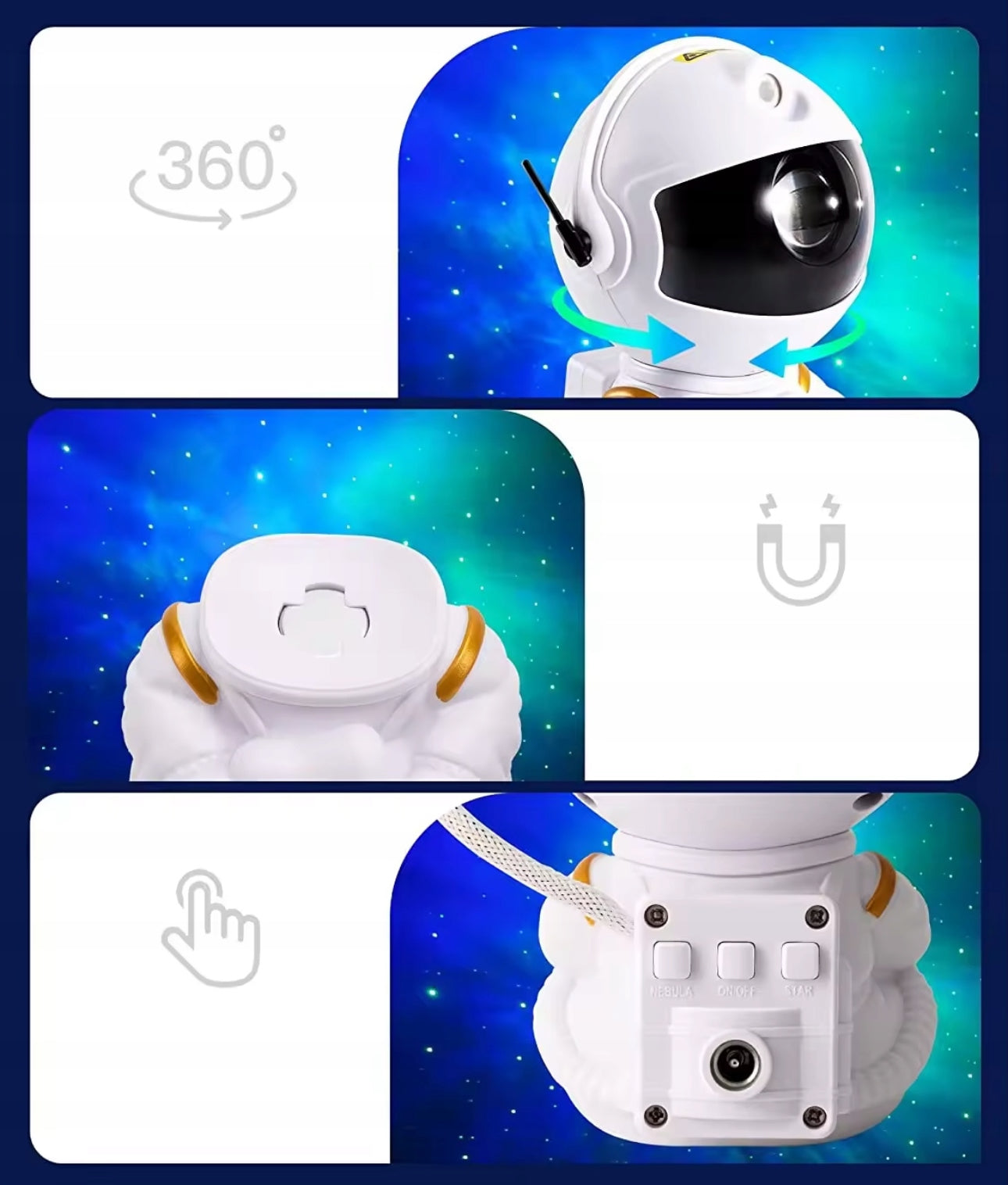 Astronaut projektor med 360 graders roterbart hode og knappestyring bak.