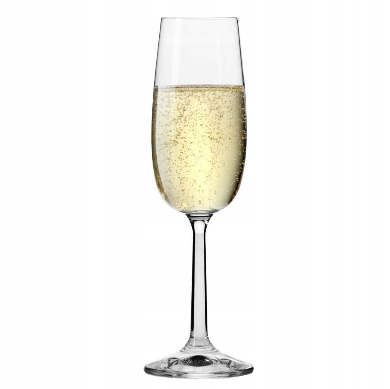 Enkelt champagneglass fylt med gyllen musserende vin og bobler