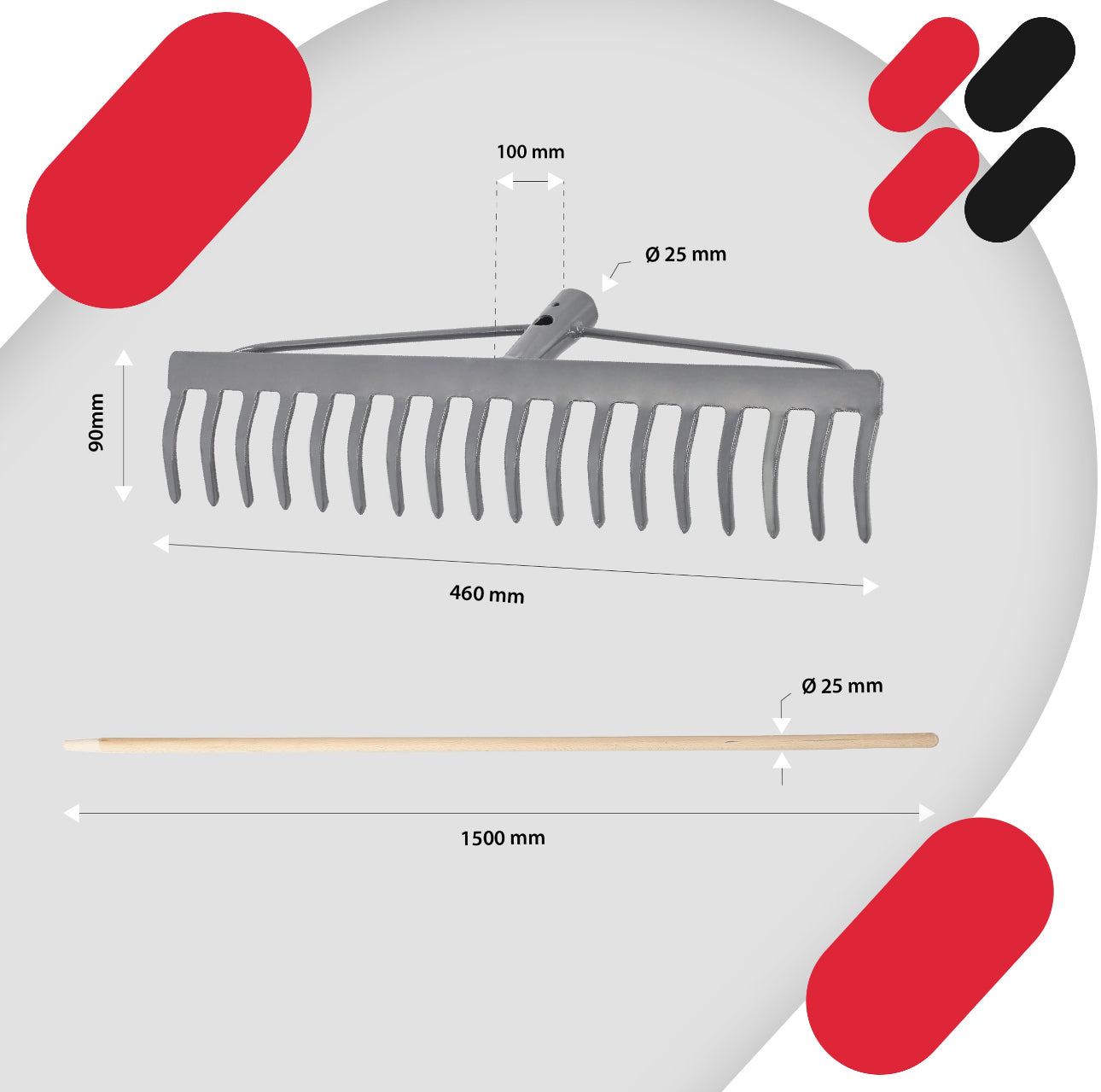 Solid metallrake med 18 tenner og 154 cm langt trehåndtak. Perfekt for løv, gress og hagearbeid. Slitesterkt metallhode og ergonomisk håndtak for komfortabel bruk.