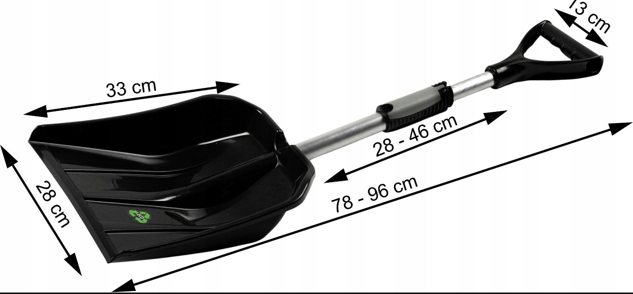 Justerbar teleskopisk snøskuffe, 78-96 cm lengde, robust aluminiumsskaft, slitesterk plastblad i sort farge, ideell for snø, sand og løv – kompakt og lett for bil eller hage.
