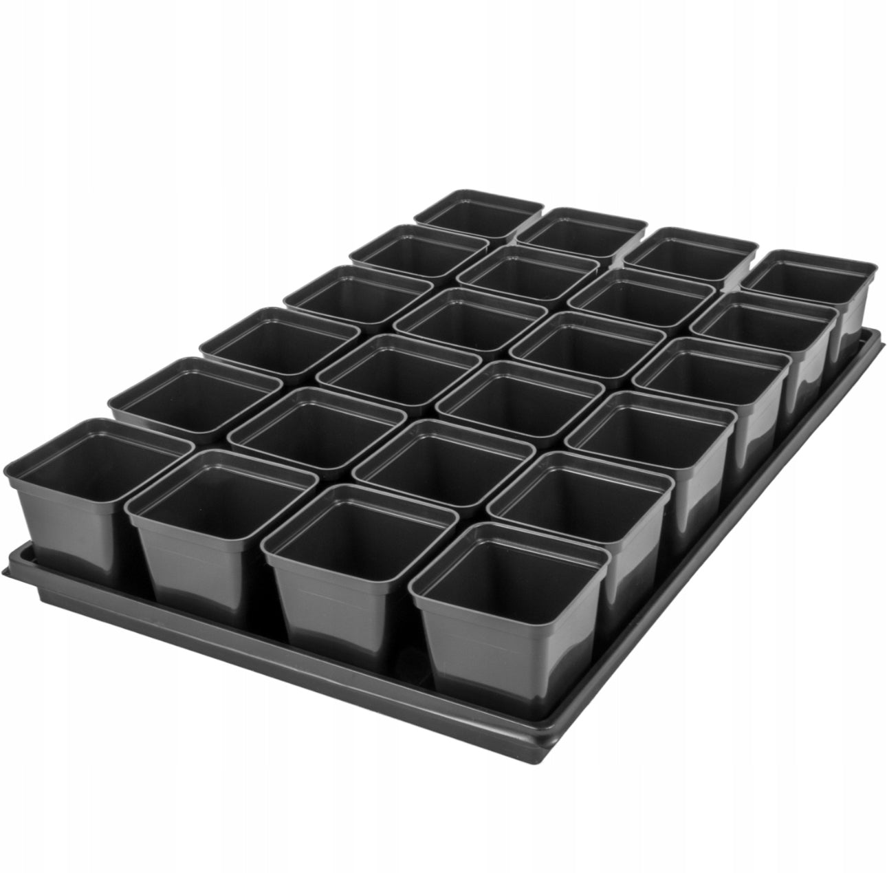 Sett med 24 svarte plastpotter à 0,5L med svart plastbrett 60x40 cm – perfekt for hjemmedyrking, såing og stiklinger. Laget i holdbar plast, ideell for innendørs og utendørs bruk.