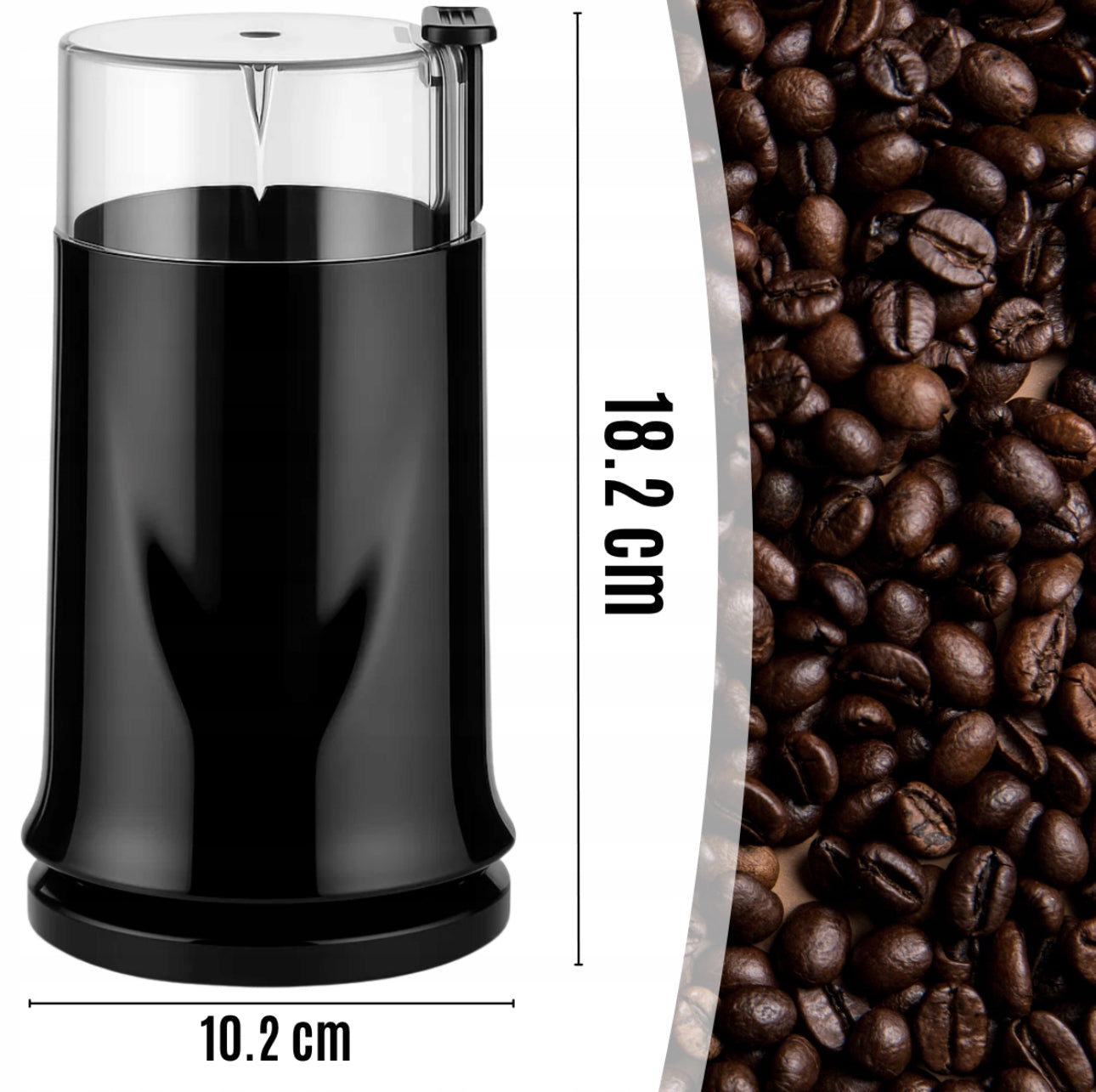 Elektrisk kaffekvern i sort med mål på 18,2 cm høyde og 10,2 cm bredde